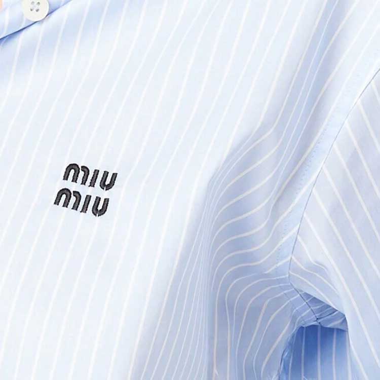 Details for (Women) MIU MIU SS24 Striped Feather Hem Cotton Crop Long Sleeve Shirt  Blue MK1812-14A7-F0X24-S-OOO