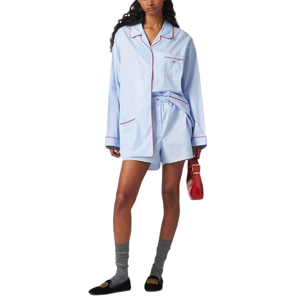 (Women) MIU MIU SS24 Striped Logo Embroidered Elastic Waist Shorts Women - Blue SP9429-137Q-F0X24-S-OOO 圖 3