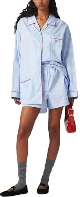 (Women) MIU MIU SS24 Striped Logo Embroidered Elastic Waist Shorts Women - Blue SP9429-137Q-F0X24-S-OOO Lookbook (Women) MIU MIU SS24 Striped Logo Embroidered Elastic Waist Shorts Women - Blue SP9429-137Q-F0X24-S-OOO