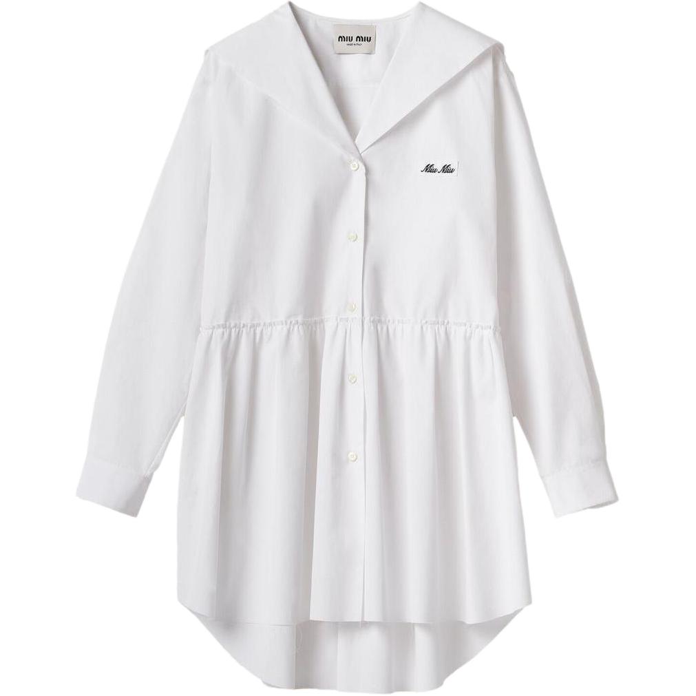 (Women) MIU MIU SS24 White Long-Sleeve Sailor Collar Dress with Logo Embroidery Women. MF5263-10RG-F0009-S-OOO