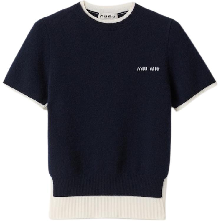 (Women) MIU MIU SS25 Blue  Cashmere Knit Short-Sleeve Logo T-Shirt. MMLA56-16ON-F0960-S-OOO