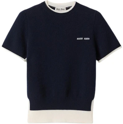 (Women) MIU MIU SS25 Blue Cashmere Knit Short-Sleeve Logo T-Shirt. MMLA56-16ON-F0960-S-OOO Buy (Women) MIU MIU SS25 Blue Cashmere Knit Short-Sleeve Logo T-Shirt. MMLA56-16ON-F0960-S-OOO
