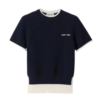 (Women) MIU MIU SS25 Blue Cashmere Knit Short-Sleeve Logo T-Shirt. MMLA56-16ON-F0960-S-OOO