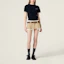 Lookbook (Women) MIU MIU SS25 Blue Cashmere Knit Short-Sleeve Logo T-Shirt. MMLA56-16ON-F0960-S-OOO