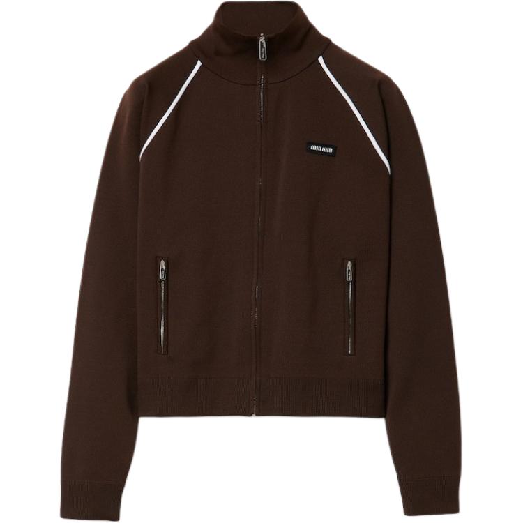 (Women) Miu Miu SS25 Brown Zip-Up Jacket with Contrasting Striped Details MMF958-16WY-F080J-S-OOO