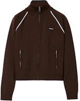 (Women) Miu Miu SS25 Brown Zip-Up Jacket with Contrasting Striped Details MMF958-16WY-F080J-S-OOO (Women) Miu Miu SS25 Brown Zip-Up Jacket with Contrasting Striped Details MMF958-16WY-F080J-S-OOO