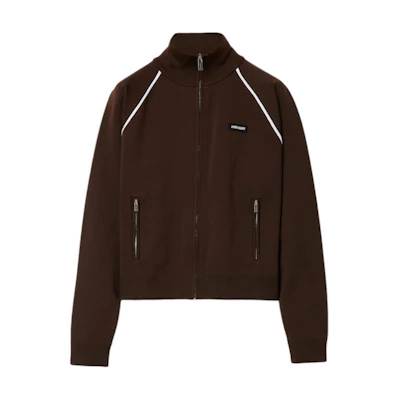 (Women) Miu Miu SS25 Brown Zip-Up Jacket with Contrasting Striped Details MMF958-16WY-F080J-S-OOO