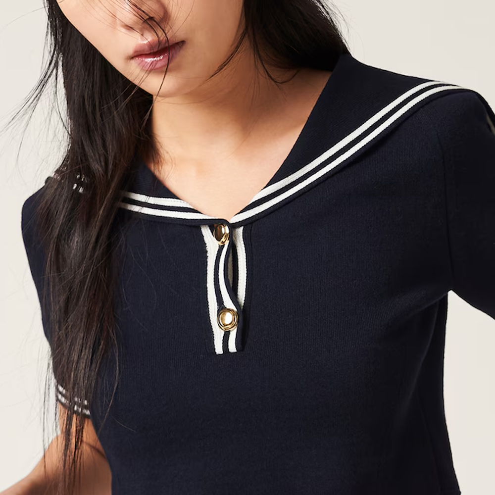 Purchase (W) MIU MIU Baju Pendek Berjalur dengan Kolar Pelaut & Butang Navy MML897-14GX-F022X-S-OOO