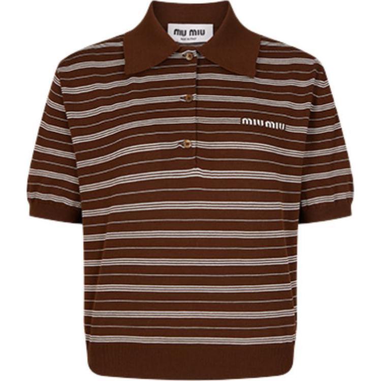 (Women) MIU MIU Striped Lettering Short Sleeve Polo Top Brown  Casual Shirt MML949-140V-F0324
