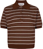 (Women) MIU MIU Striped Lettering Short Sleeve Polo Top Brown Casual Shirt MML949-140V-F0324 (Women) MIU MIU Striped Lettering Short Sleeve Polo Top Brown Casual Shirt MML949-140V-F0324