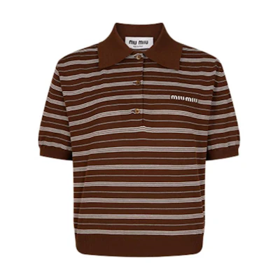 (Women) MIU MIU Striped Lettering Short Sleeve Polo Top Brown Casual Shirt MML949-140V-F0324
