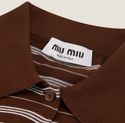 (W) MIU MIU Polo Lengan Pendek Jalur Coklat Baju Kasual MML949-140V-F0324 Sizing (W) MIU MIU Polo Lengan Pendek Jalur Coklat Baju Kasual MML949-140V-F0324