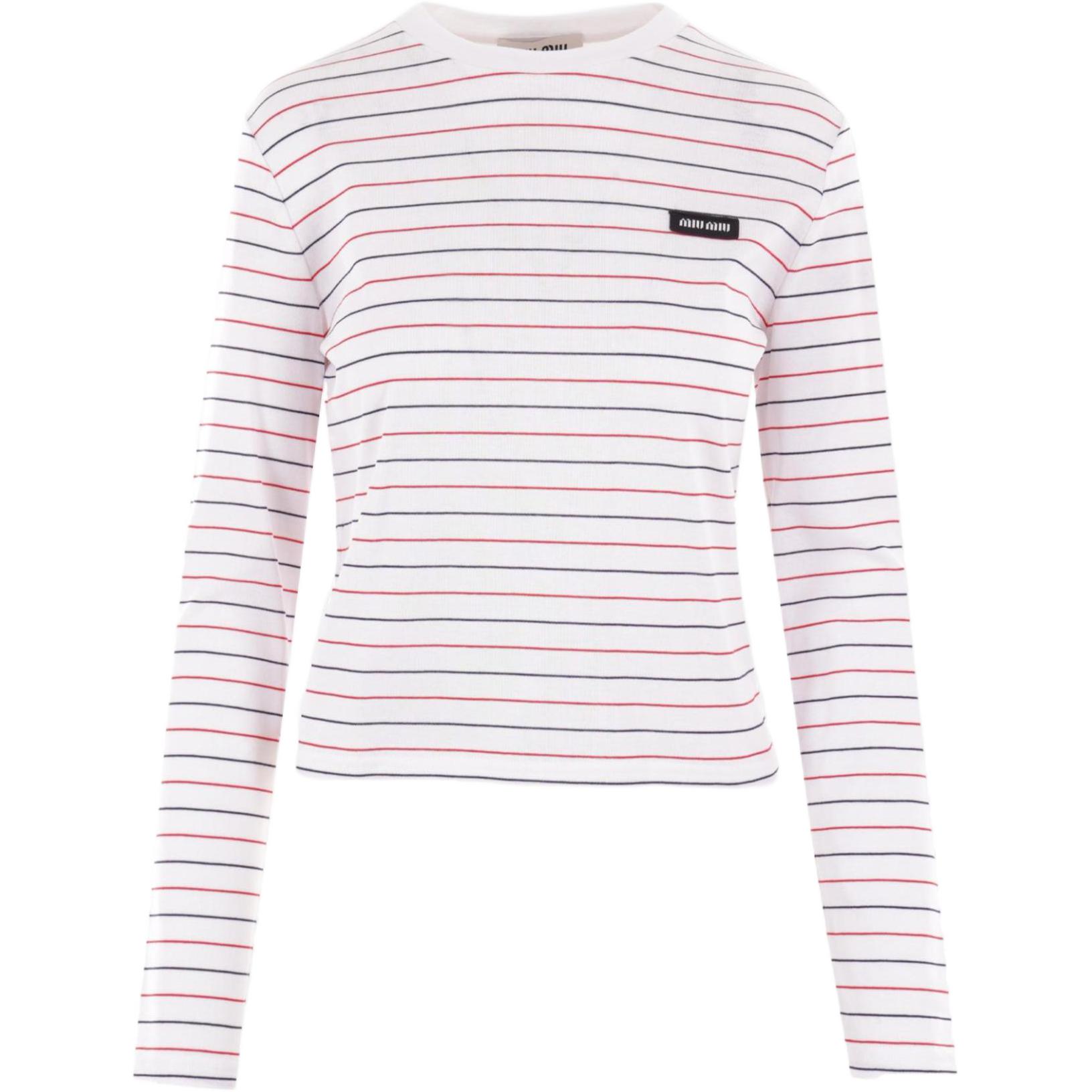 (Women) MIU MIU Striped Logo Patch Long Sleeve Pink Crewneck T-Shirt SS24 Women. MJL995-14EU-F0009-S-OOO