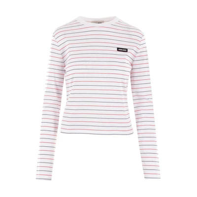 (Women) MIU MIU Striped Logo Patch Long Sleeve Pink Crewneck T-Shirt SS24 Women. MJL995-14EU-F0009-S-OOO