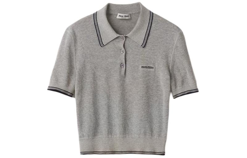 Order (W) MIU MIU Kemeja Polo Lengan Pendek Logo Berjalur Kelabu. MML956-15BL-F03UI-S-OOO