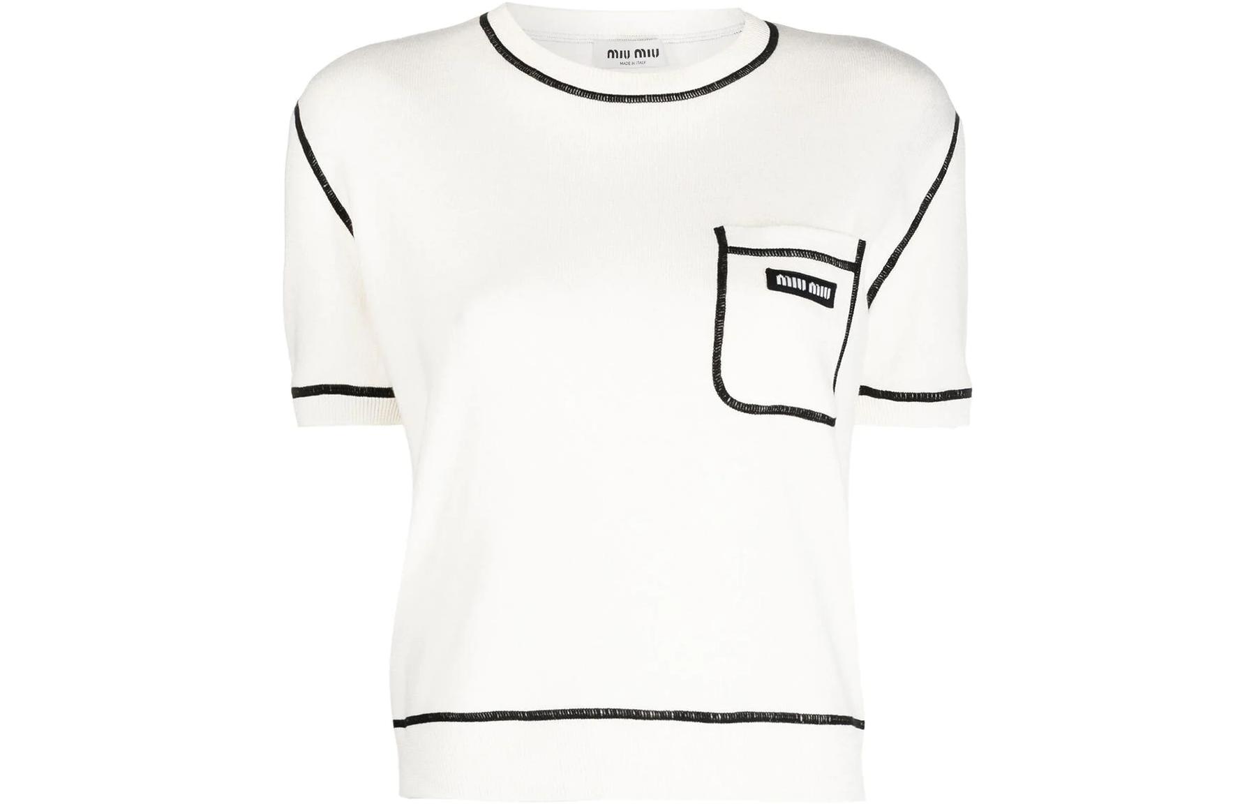 (Women) MIU MIU Striped Print Crewneck Knitted Short Sleeve T-Shirt Women White SS23 MML743-12ZK-F0964