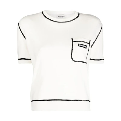 (Women) MIU MIU Striped Print Crewneck Knitted Short Sleeve T-Shirt Women White SS23 MML743-12ZK-F0964