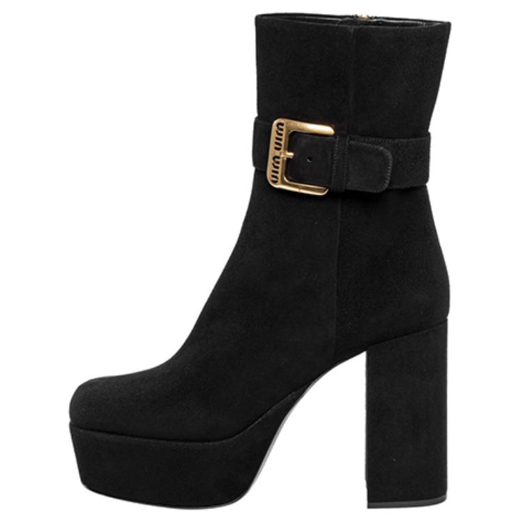 (Women) MIU MIU Suede Calfskin Chunky Heel Booties 'Black' 5UP065_008_F0002_F_110