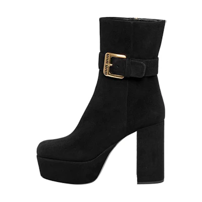 (W) MIU MIU Suede Calfskin Chunky Heel Booties 'Black'