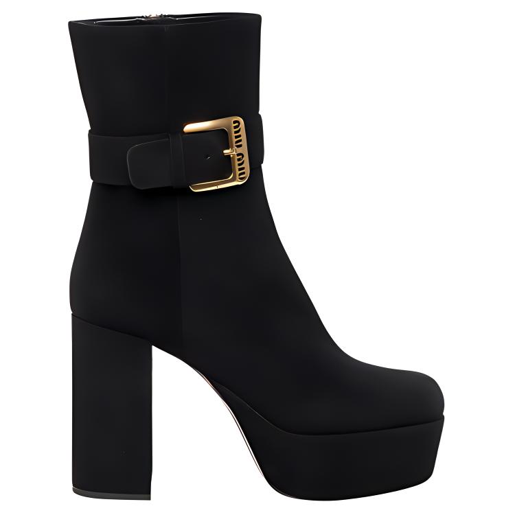 Order (W) MIU MIU Suede Calfskin Chunky Heel Booties 'Hitam' - Sepatu Boot Hak Tebal 5UP065_008_F0002_F_110