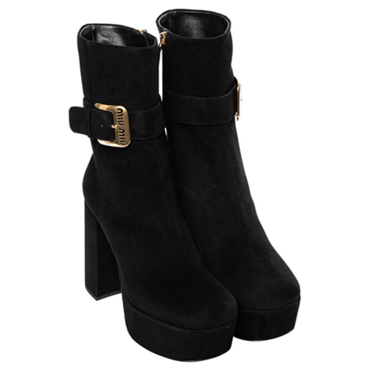 Shop (W) MIU MIU Suede Calfskin Chunky Heel Booties 'Hitam' - Sepatu Boot Hak Tebal 5UP065_008_F0002_F_110