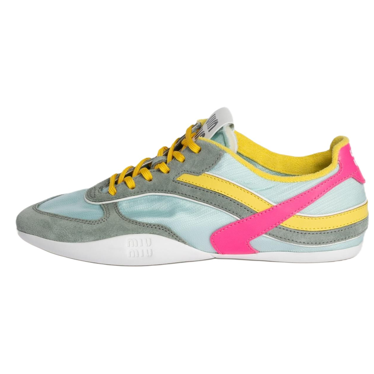 (Women) MIU MIU Suede Leather Low-Top Sneakers Yellow Green Casual Shoes 5E428E_71L_F03TC_F_A005