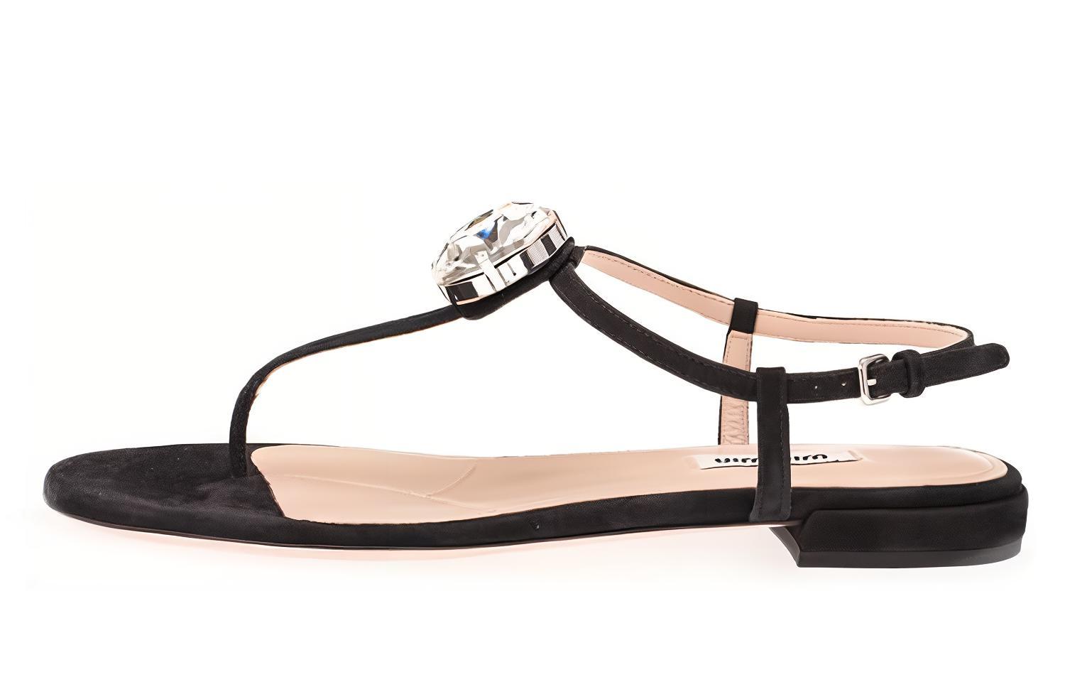 (W) MIU MIU T-Strap Leather Sandals 'Black'