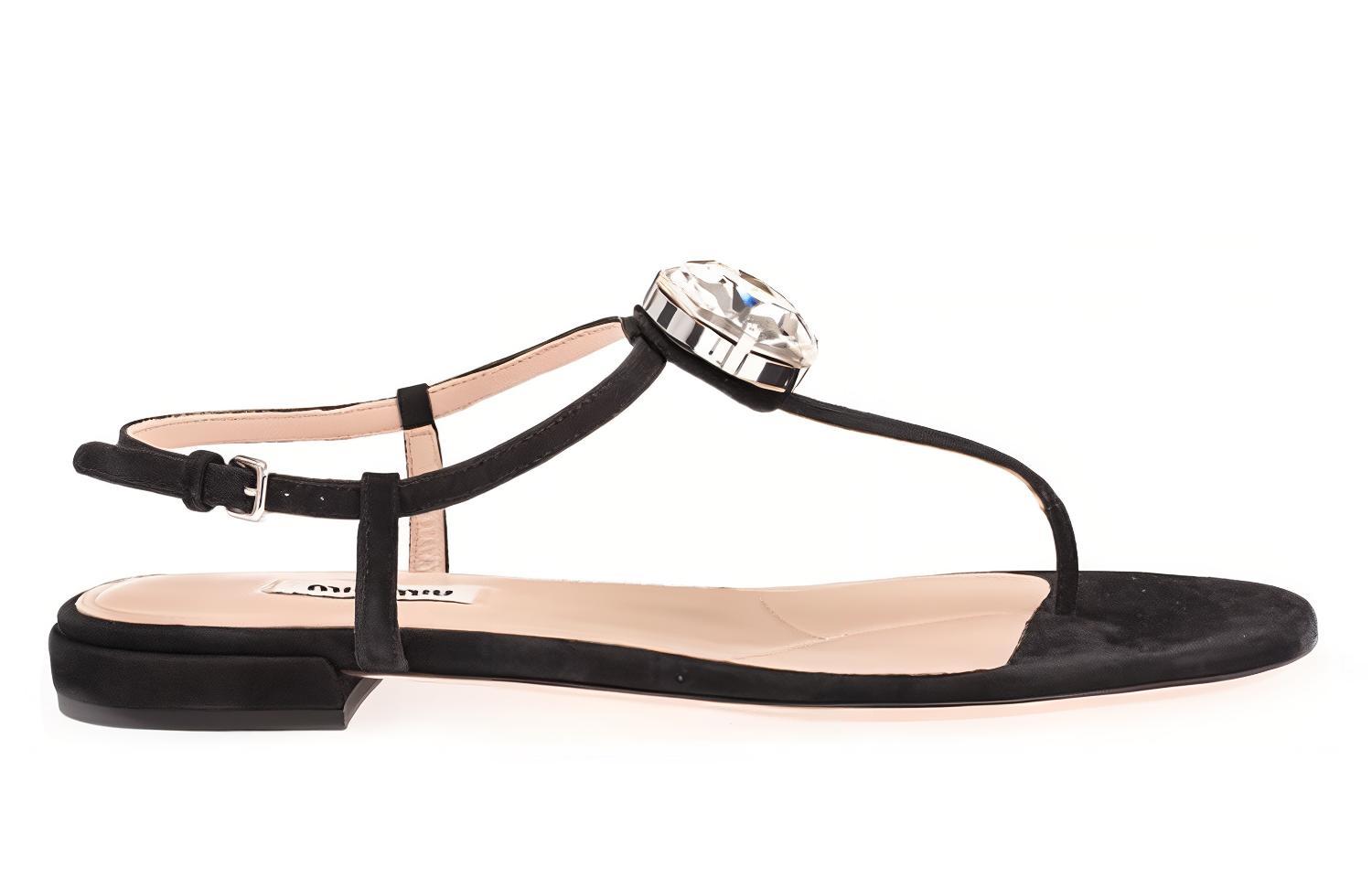 (W) MIU MIU T-Strap Leather Sandals 'Black' 圖 2