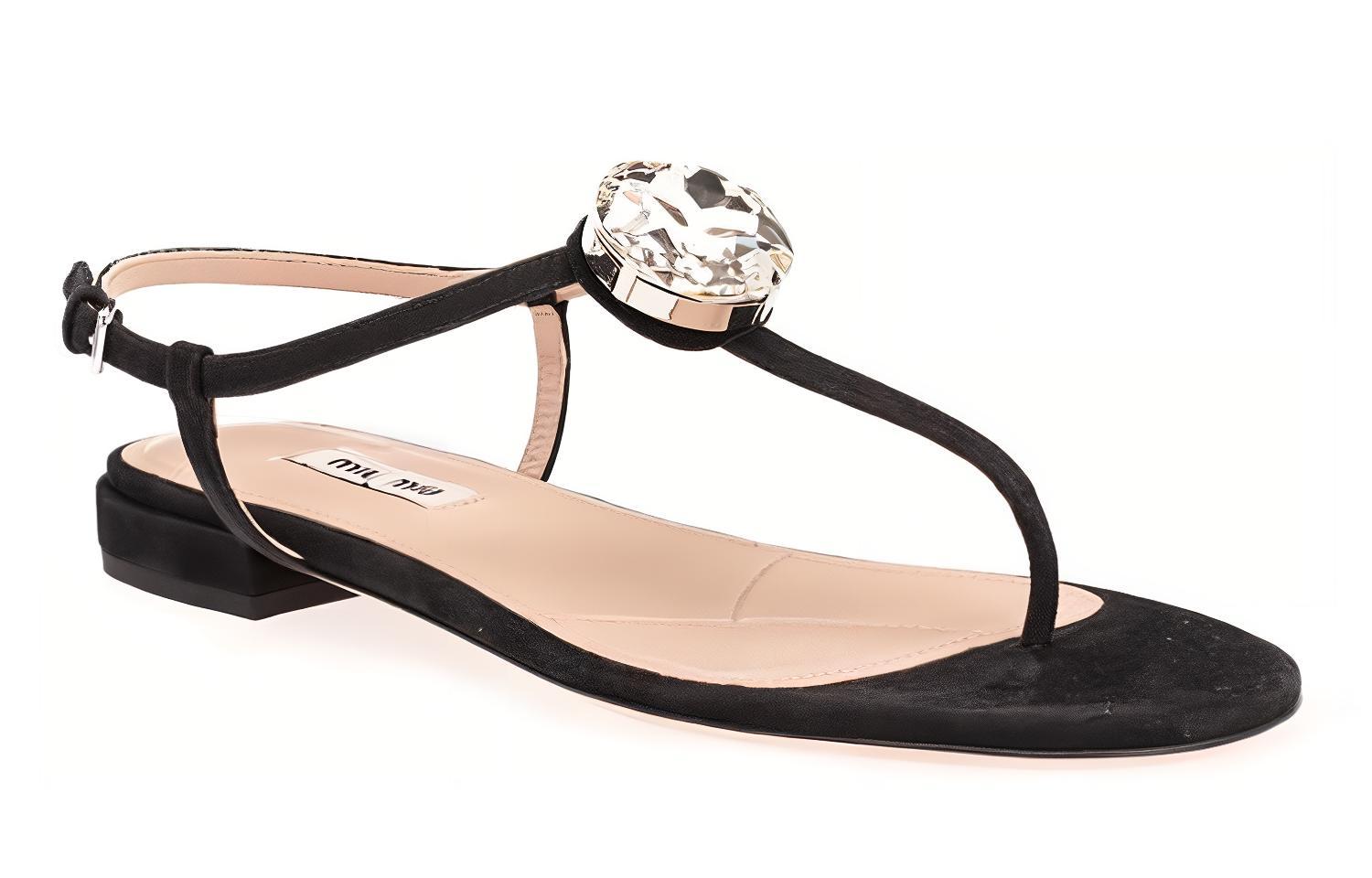 (W) MIU MIU T-Strap Leather Sandals 'Black' 圖 3