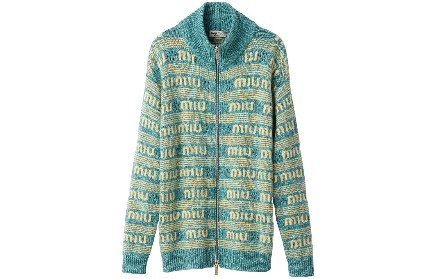(Women) MIU MIU Turquoise  Knit Cardigan with Letter Inlay and Zipper. MMF837-138E-F0136-S-OOO