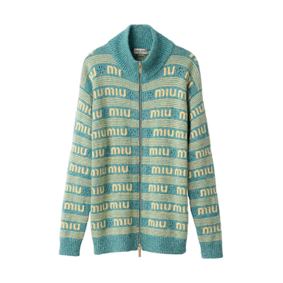 (Women) MIU MIU Turquoise Knit Cardigan with Letter Inlay and Zipper. MMF837-138E-F0136-S-OOO