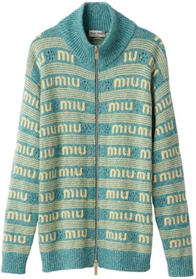 (W) MIU MIU Kardigan Rajut Turquoise dengan Huruf Inlay dan Zip. MMF837-138E-F0136-S-OOO Order (W) MIU MIU Kardigan Rajut Turquoise dengan Huruf Inlay dan Zip. MMF837-138E-F0136-S-OOO