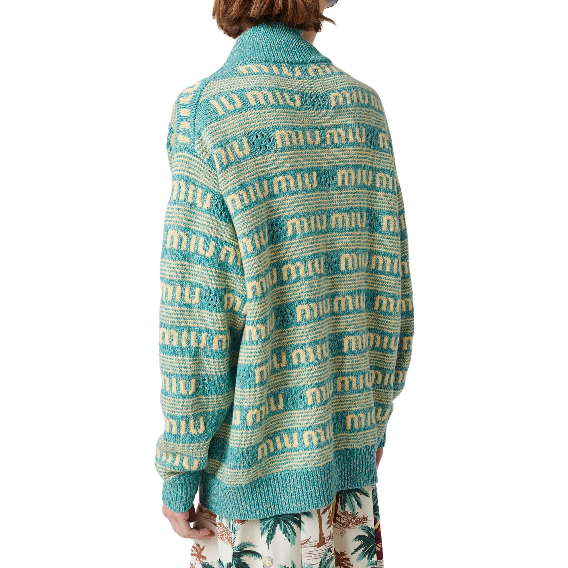 Shop (W) MIU MIU Kardigan Rajut Turquoise dengan Huruf Inlay dan Zip. MMF837-138E-F0136-S-OOO