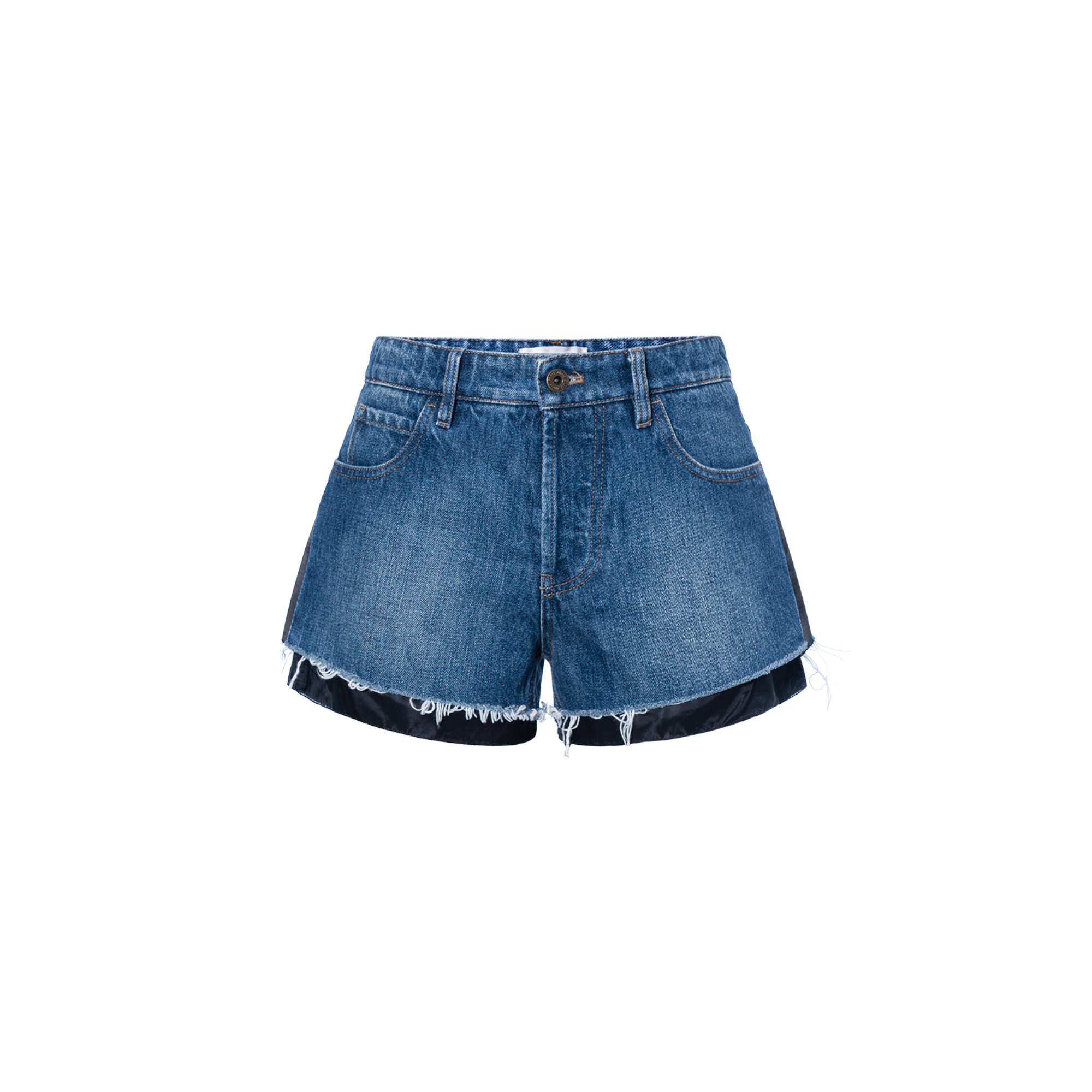(Women) MIU MIU Washed Denim Frayed Hem Button Shorts Women - Blue Jeans GWP449-12IK-F0008