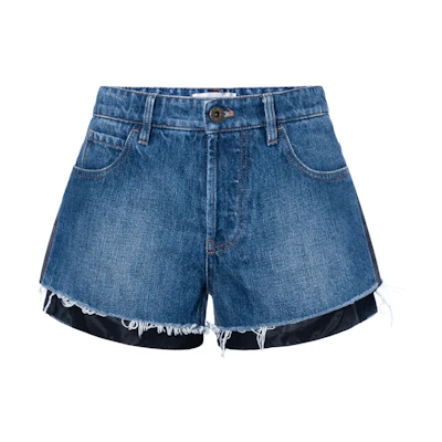 (Women) MIU MIU Washed Denim Frayed Hem Button Shorts Women - Blue Jeans GWP449-12IK-F0008