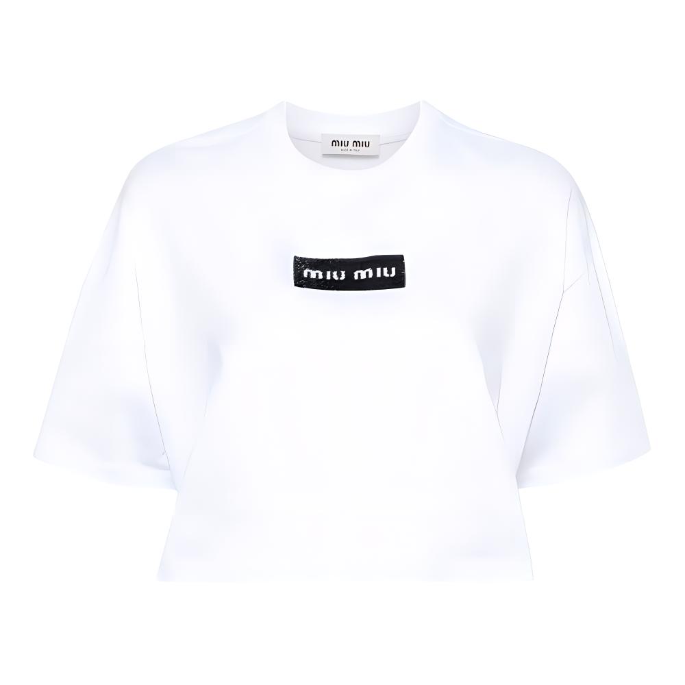 (Women) MIU MIU White FW23  Oversized Letter Knit Short Sleeve T-Shirt. MJN385-14AT-F0009-S-232