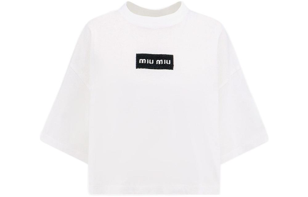 Order (Women) MIU MIU White FW23  Oversized Letter Knit Short Sleeve T-Shirt. MJN385-14AT-F0009-S-232