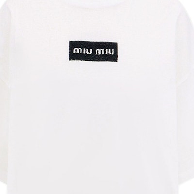 (Women) MIU MIU White FW23 Oversized Letter Knit Short Sleeve T-Shirt. MJN385-14AT-F0009-S-232 Details for (Women) MIU MIU White FW23 Oversized Letter Knit Short Sleeve T-Shirt. MJN385-14AT-F0009-S-232