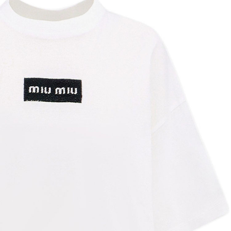 Sizing (Women) MIU MIU White FW23  Oversized Letter Knit Short Sleeve T-Shirt. MJN385-14AT-F0009-S-232