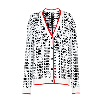 (Women) MIU MIU White Knit Cardigan with Allover Logo Print and Buttons. MMF198-1V8XF-0304