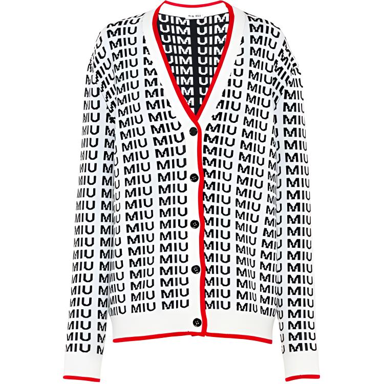Order (W) MIU MIU Kardigan Putih Rajut dengan Cetakan Logo dan Butang. MMF198-1V8XF-0304