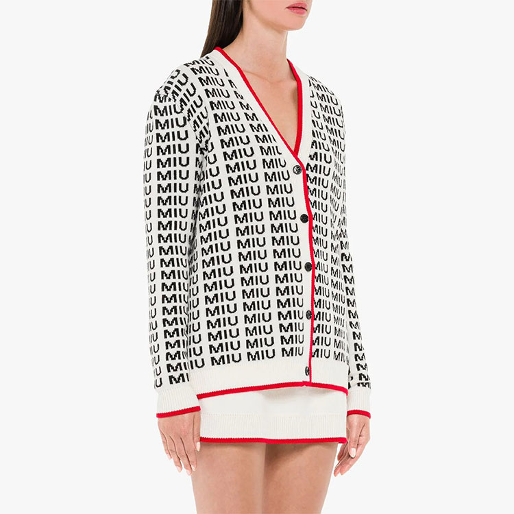 Purchase (W) MIU MIU Kardigan Putih Rajut dengan Cetakan Logo dan Butang. MMF198-1V8XF-0304