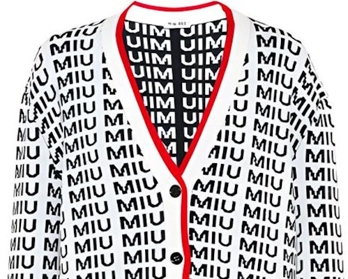 (W) MIU MIU Kardigan Putih Rajut dengan Cetakan Logo dan Butang. MMF198-1V8XF-0304 Details for (W) MIU MIU Kardigan Putih Rajut dengan Cetakan Logo dan Butang. MMF198-1V8XF-0304