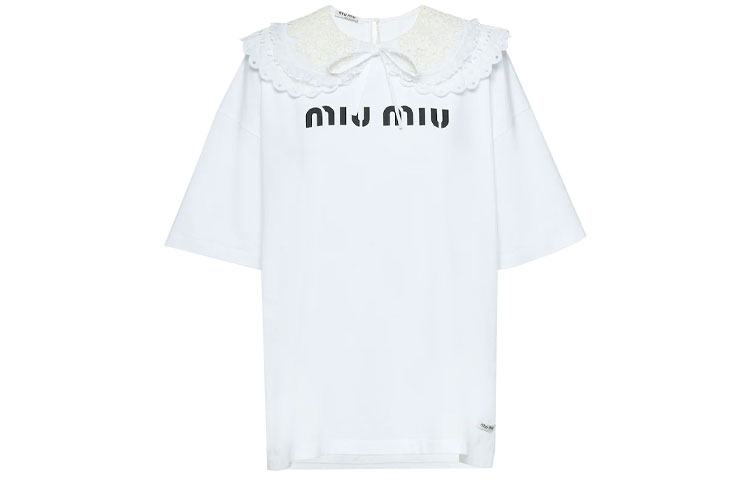 Order (W) MIU MIU 白色蕾絲領短袖Logo上衣。 MJN237-1XE0-F0009