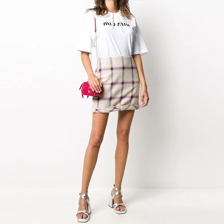 Lookbook (W) MIU MIU 白色蕾絲領短袖Logo上衣。 MJN237-1XE0-F0009