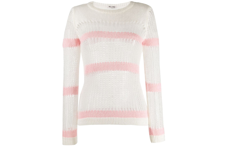 (Women) MIU MIU White Mohair Long-Sleeve Crewneck Sweater. MML239-1SA3-F0PJZ