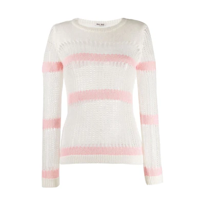 (Women) MIU MIU White Mohair Long-Sleeve Crewneck Sweater. MML239-1SA3-F0PJZ