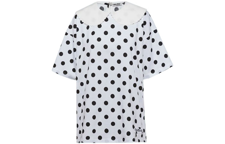 Order (W) MIU MIU Camiseta Blanca de Punto con Diseño, Manga Corta y Ajuste Regular. MJN311-1ZF4-F0964