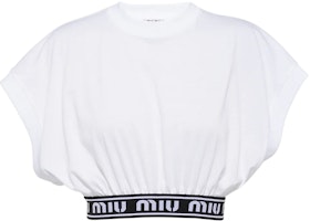 (Women) MIU MIU White Sleeveless Loose Fit Letter Print Crop Top Tee. MJT632-1YIA-F0009 (Women) MIU MIU White Sleeveless Loose Fit Letter Print Crop Top Tee. MJT632-1YIA-F0009
