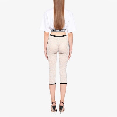 (Women) MIU MIU White Stretch Knit Lace Cropped Casual Pants. MJP229-2W0-F0009 Lookbook (Women) MIU MIU White Stretch Knit Lace Cropped Casual Pants. MJP229-2W0-F0009